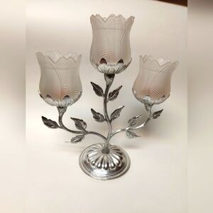 Vintage* 3 Arm Silver Alloy with White Faroy Votive Glass